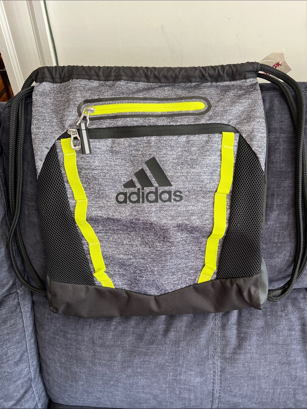 adidas Gray Drawstring Backpack with Neon Yellow Accents